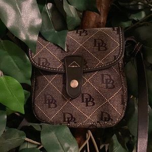 Dooney & Bourke Mini Crossbody Bag Monogram Logo Canvas Navy Blue Leather Trim